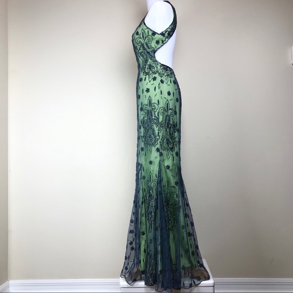 Lillie Rubin Grey Green Beaded Silk Halter Gown - Picture 3 of 8